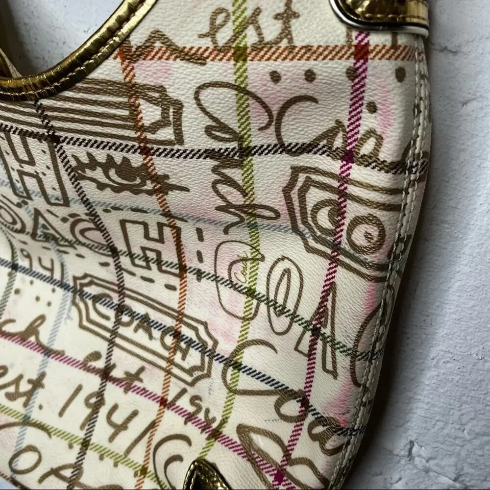 Coach Tattersole Graffiti Hobo Shoulder Bag Leather Beige Multicolor L0868-13309